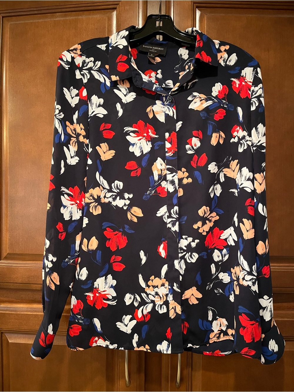 Banana Republic Navy Floral Button-Down Shirt — Red, White & Peach Accents